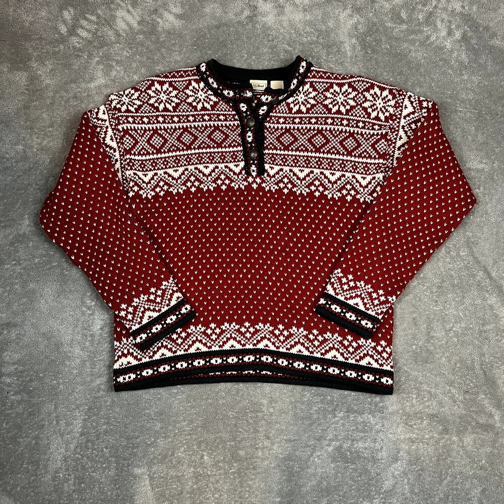 LL Bean Sweater Women S Cotton Nordic Print Green Fair Isle Scandanavian Classic